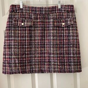 NWT Loft multi color tweed mini skirt lined front pockets gold buttons size 14